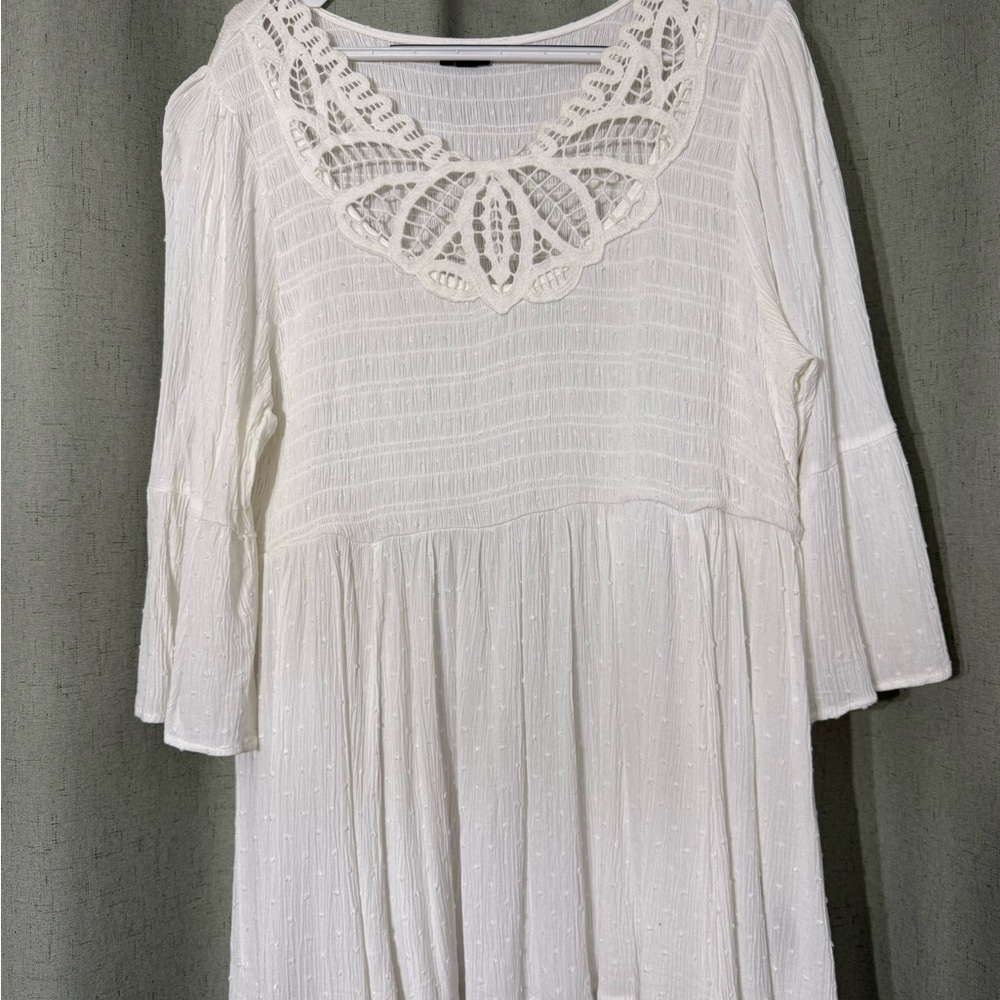 Torrid White Smocked Babydoll Blouse with Crochet Neckline